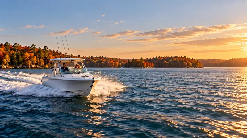 A low-angle view of a husband and wife driving a Navion boat with a distant forested horizon