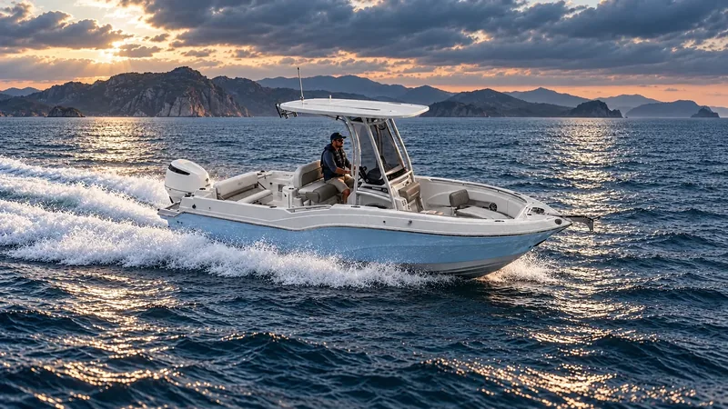 A Navion center console running across coastal water